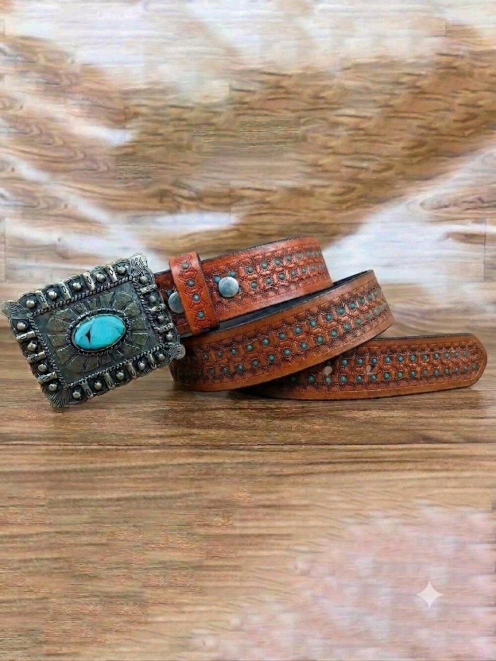 Western Honeycomb Tooled belt, Leather Embossed Belt with Turquoise Dots, Unisex - Picture 3 of 12